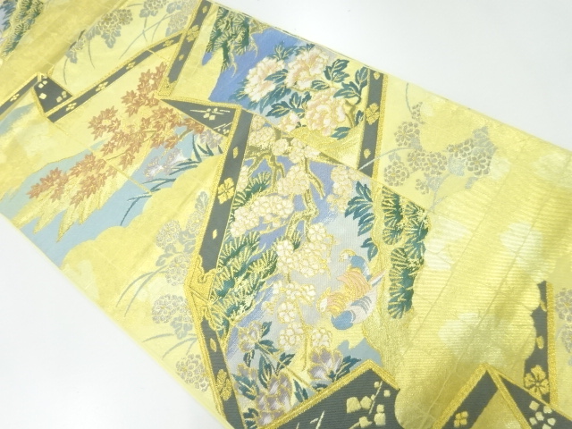 川島織物製　屏風に花鳥模様織り出し袋帯